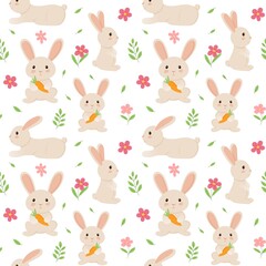 Seamless repeating pattern of hare or rabbit with carrot.Vector illustration in cartoon style.