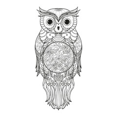 Owl on isolated white. Zentangle. Detailed hand drawn vintage bird with abstract patterns on isolation background. Design for spiritual relaxation for adults