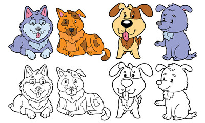 Obraz na płótnie Canvas vector illustration set of cartoon dogs animals and variants for coloring book