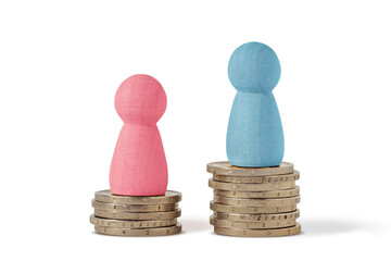 Pink and blue pawns on piles of coins - Gender pay gap concept