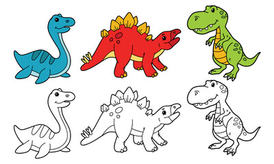vector illustration set of cartoon dinosaurs and variants for coloring book