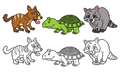 Obraz premium vector illustration set of cartoon wild animals and variants for coloring book