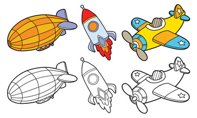 vector illustration set of cartoon transportation and variants for coloring book