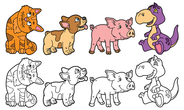 vector illustration set of cartoon animals and variants for coloring book