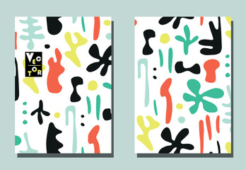 Cover with graphic elements - abstract shapes. Two modern vector flyers in avant-garde  style. Geometric wallpaper for business brochure, cover design.