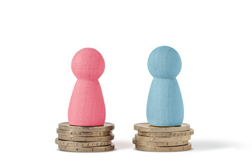 Pink and blue pawns on piles of coins - Gender pay equality concept