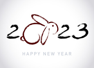 Rabbit. Greeting card design template with Chinese calligraphy for 2023 New Year of the rabbit. Lunar new year 2023. Zodiac sign for greetings card, invitation, posters, banners, calendar