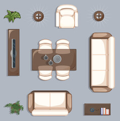 Set of furniture for the living room plan. Sofa, armchair, lamp, coffee and dining table, flower pots, TV stand. Flat furniture design items for apartment or office interior. Floor top elements
