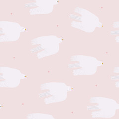 Pastel seamless pattern with white birds. Cute romantic print. Vector hand drawn illustration.