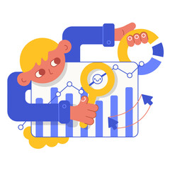 Vector flat cartoon illustration. Seo analytics. Charts and clicks. Business concept illustration.