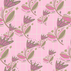 Fototapeta na wymiar Seamless pattern with flowers and leaves in folk style. Naive art. Abstract floral wallpaper