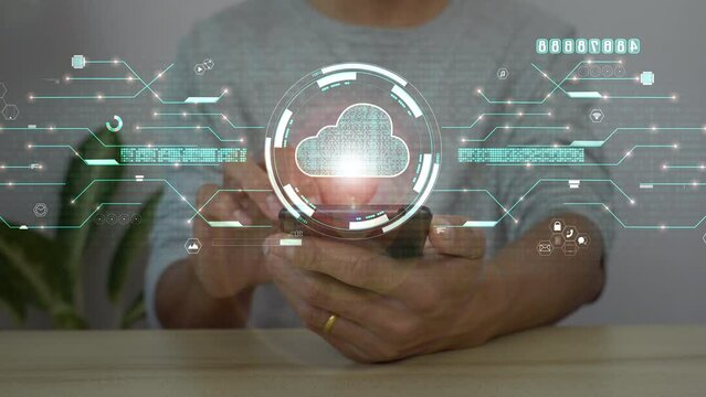 A men using smart phone for connecting to a cloud computing data hologram. business digital background.	