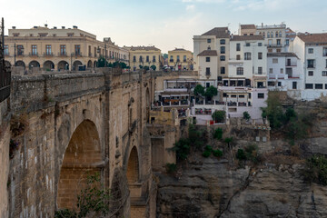 Plakat Ronda is located on a deep gorge where the river Tagus passes. Malaga. Andalusia. Spain. Europe. 