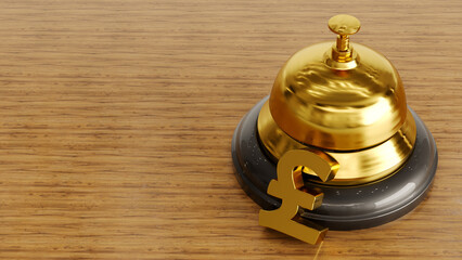 euro sign and reception bell on a wooden background, 3D render