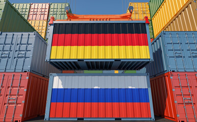 Cargo containers with German and Russia national flags. 3D Rendering
