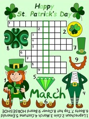 Funny crossword with hand-drawn elements for kids vector illustration. Word game with leprechaun - crossword with a keyword and the answer. Educational puzzle for children vertical printable page