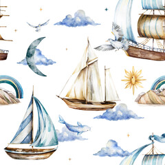 ships. watercolor seamless pattern sea adventure. sailboat, boat, boat trip, summer holidays, dreams. watercolor set - 493470377