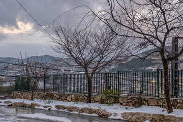 Snow in the Druze village of Beit-Jann in winter, Mount Meron, Upper Galilee, Northern Israel,...