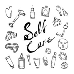 Vector doodle set "Self care". The set includes: massagers, gouache scraper, roller, fabric face mask, sleep bandage, serum bottle, cream jar, and other spa accessories