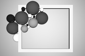 Black and white frame with balloons. Abstract black and white screen. 3D render illustration