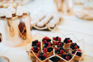 Sweet cakes with cream of fresh raspberries and blueberries