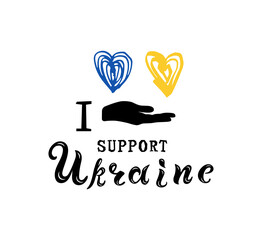 I support Ukraine with blue and yellow hearts. Vector illustration isolated on white background.