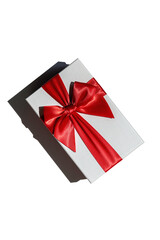 Closed gift box with red ribbon isolated on white from above