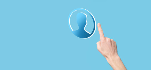 Businessman holding on hand icon of user man,woman 3D style. Internet icons interface foreground. global network media concept.