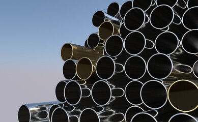 High quality Galvanized steel pipe or Aluminum and chrome stainless pipes in stack waiting for shipment in warehouse