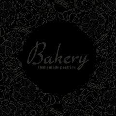 Trendy vector design for bakery or cafe.Illustrations of buns, bread,baguette, and other pastries for packaging, labels,or signage.Line art illustration of food for banner,flyer or menu.Lettering.