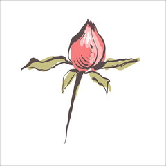 Rose single closed bud and colored spots. Minimalist sketch.