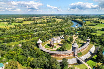Aerial view of Baturyn Fortress with the Seym River in Chernihiv Oblast of Ukraine before the war with Russia