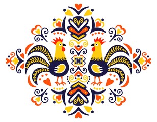 Folk art illustration on white background.
Roosters with floral elements and ornaments.