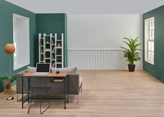 Decorative living room, sofa and television unit style, green and white wall background, bookshelf, working table with laptop, chair vase of plant.