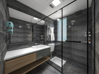 3D rendering,Clean modern residential bathroom and toilet design, which is equipped with washstand, toilet and shower equipment, etc.