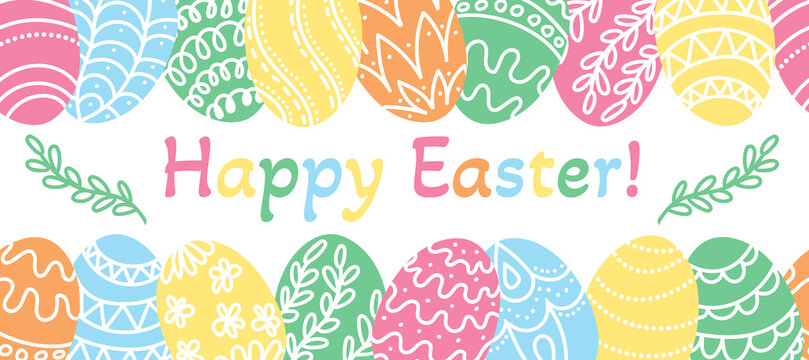Seamless border happy easter with colored eggs in doodle style. Set of elements under the mask.