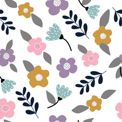 Seamless cute floral pattern on white background. Use it for wall prints, pillows, interiors, kids wear and shirts, greeting cards, vectors and more.
