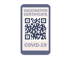 Health passport of vaccination for covid-19 icon. Certificate of vaccination on smartphone screen with qr-code and pass check mark vaccinated. Coronavirus vaccine. Vector flat illustration