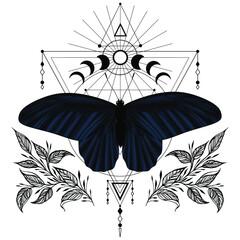 Vector illustration with butterfly. Abstract mystic sign. Black linear shape. For you design, tattoo or magic craft.