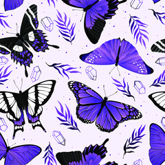 Obraz na płótnie Canvas Seamless vector pattern of flying butterflies violet colors. Contemporary composition. Trendy texture for print, textile, packaging.