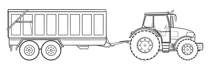 Farm tractor with trailer - stock outline illustration of a vehicle. © Mateusz