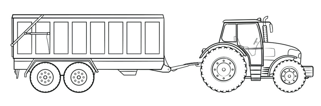 Farm tractor with trailer - stock outline illustration of a vehicle.