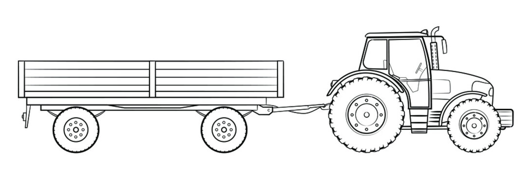 Farm tractor with trailer - stock outline illustration of a vehicle.