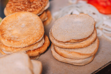 Horizontal bakery buns ready to make hamburgers