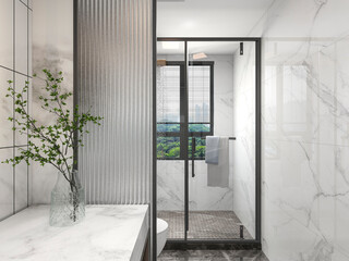 3D rendering,Clean modern residential bathroom and toilet design, which is equipped with washstand, toilet and shower equipment, etc.