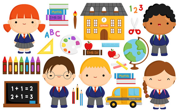 A Vector of Cute and Simple School Kids and Items