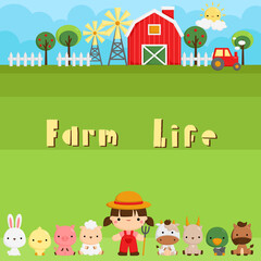 A Vector Background of Cute and Simple Farm Animals at Barn