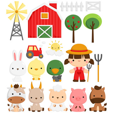 A Vector Set of Cute and Simple Farm Animals at Barn