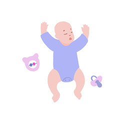 Baby sleeps with baby accessories. Infant in a bodysuit lies resting.