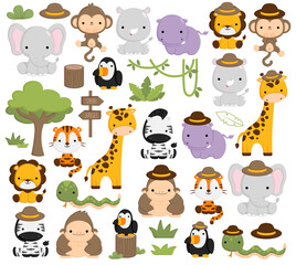 A Vector Set of Cute and Simple Safari Jungle Animals